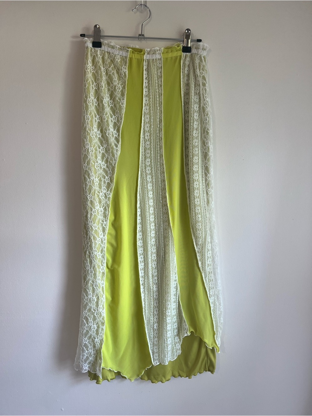Lace-Panel Midi Skirt in Green and White